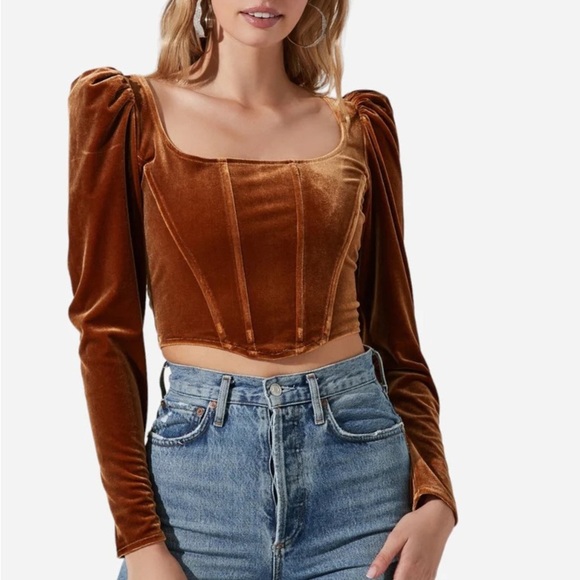 ASTR The Label Ashbury Velvet Corset Long Sleeve Small Gold Top - Picture 4 of 9